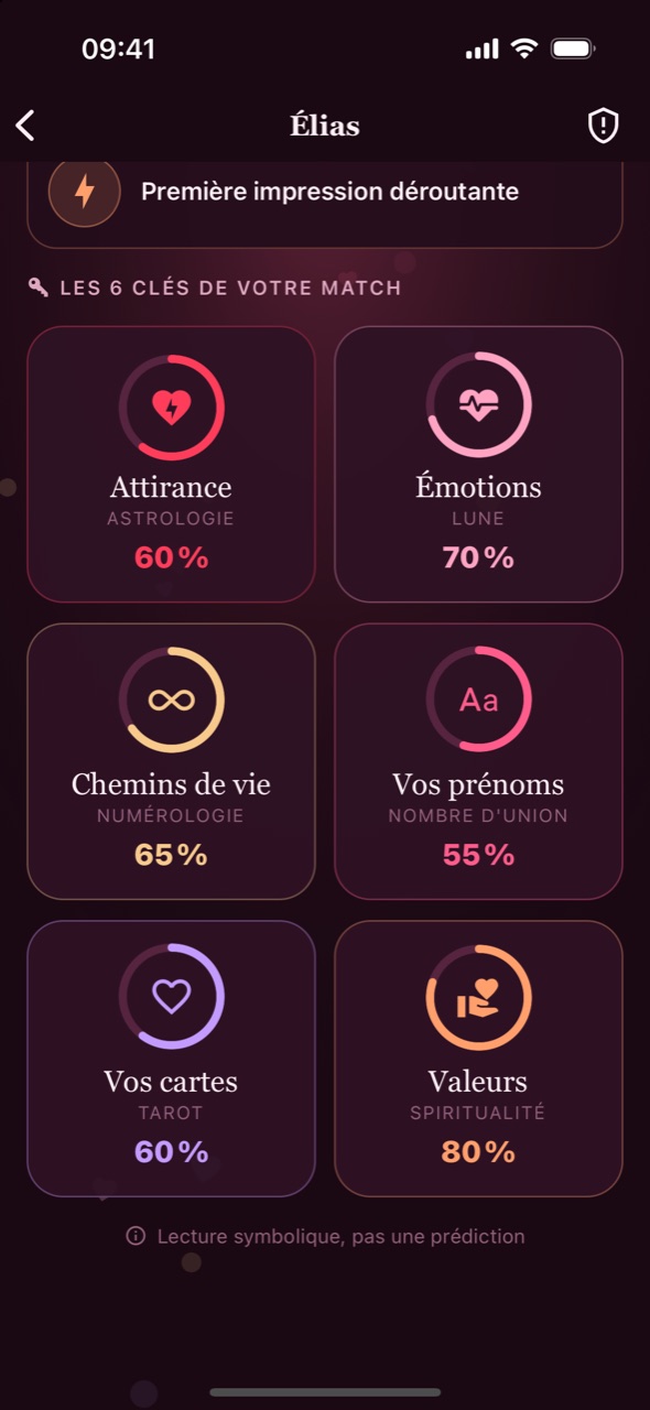 Les 6 clés d'un match : Attirance, Émotions, Chemins de vie, Vos prénoms, Vos cartes et Valeurs, chacune avec son pourcentage.