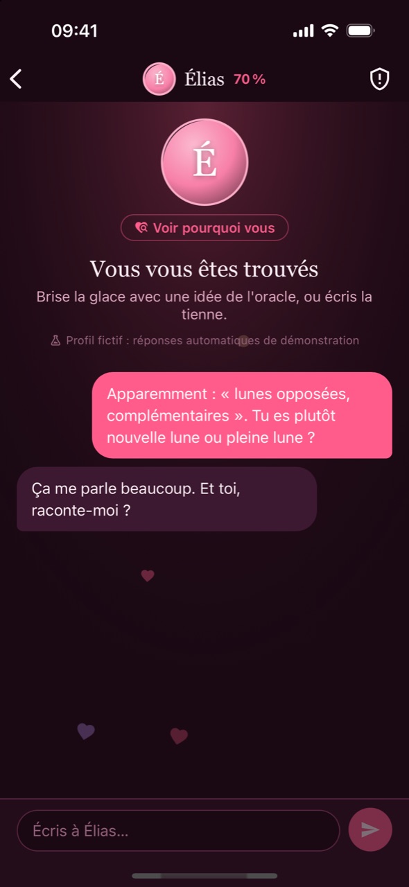 La discussion avec Élias : un premier message soufflé par l'oracle, sur vos lunes opposées et complémentaires.
