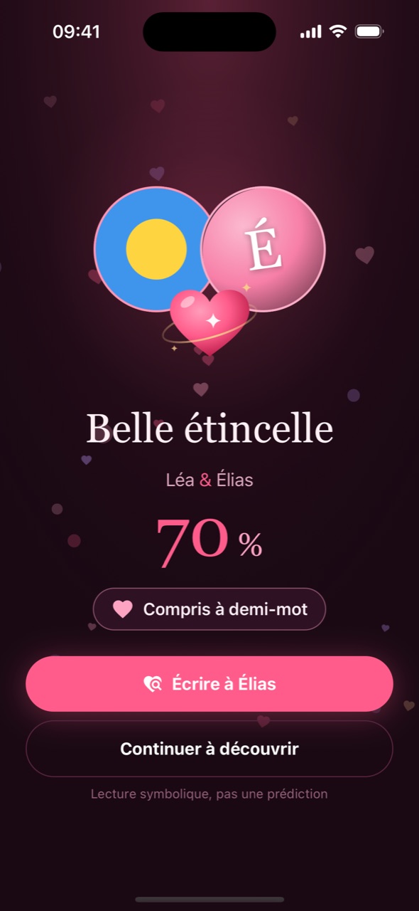 L'écran de match : « Belle étincelle », Léa et Élias, 70 %, avec le bouton Écrire à Élias.